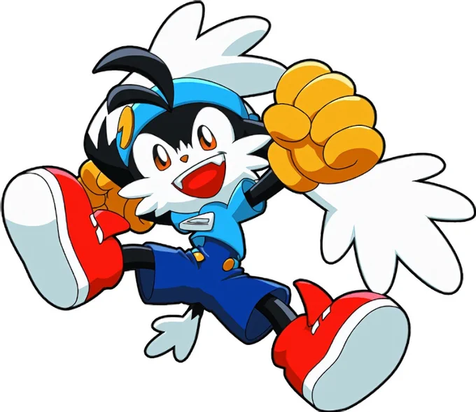 Two dog-like characters with black &amp; white fur who wear two shades of blue, with red sneakers and hats with small characters on them who starred in PS1 games in 1997 