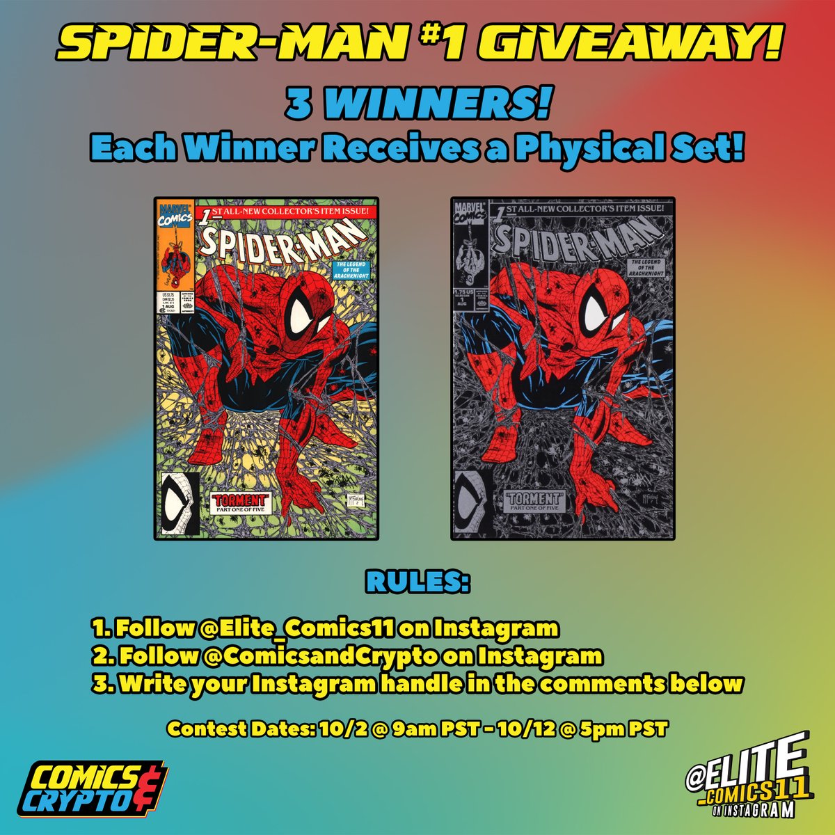 ComicsandCrypto's tweet image. Spider-Man #1 Comic Giveaway! (3) winners will receive a physical set of both! These are high grade raw comics. Make sure to follow the rules in the details below to be eligible. We will ship the comics WORLD WIDE! Best of luck! (Contest ends 10/12) instagram.com/elite_comics11
