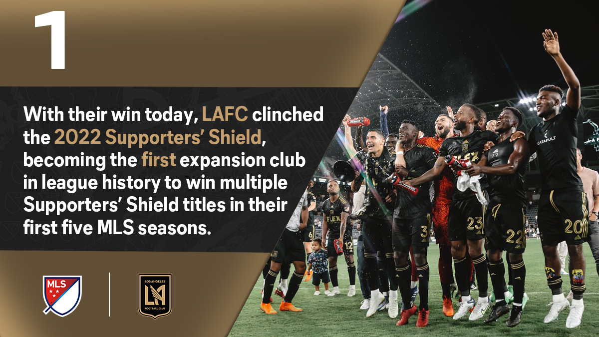 MLS_PR's tweet photo. After clinching their second Supporters’ Shield today, @LAFC became the first expansion club in league history to win multiple Supporters’ Shield titles in their first five @MLS seasons. https://t.co/mzJaw1bwEq