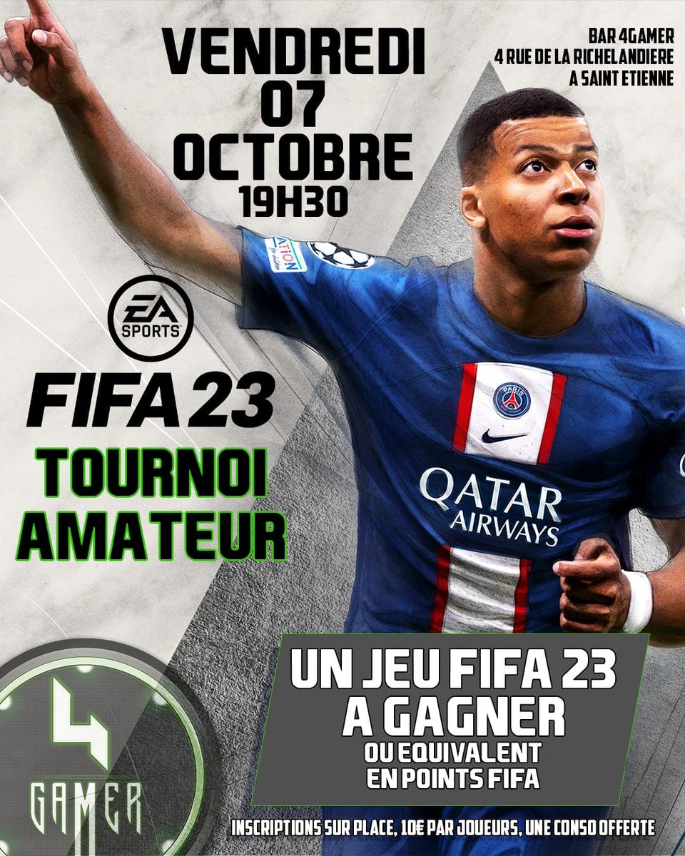 4Gamer_SE's tweet photo. Premier tournoi FIFA 23 de la saison

⚽🔥💚🔥⚽

INSCRIPTIONS SUR PLACE DÈS 19H00 https://t.co/ATrkPHUCFY