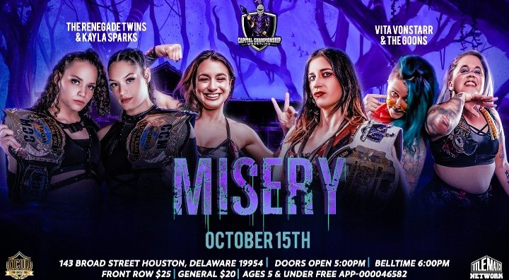 NVhowlingWolves's tweet photo. They say #Misery loves company, well check out the amazing company around the
#SpiceRanger @KaylaSparks247 ๐
in this #TriosMatch on Oct 15th!!
๐ธ @CCWAction โฌ๏ธโฌ๏ธโฌ๏ธ https://t.co/D4tX1QVkyL