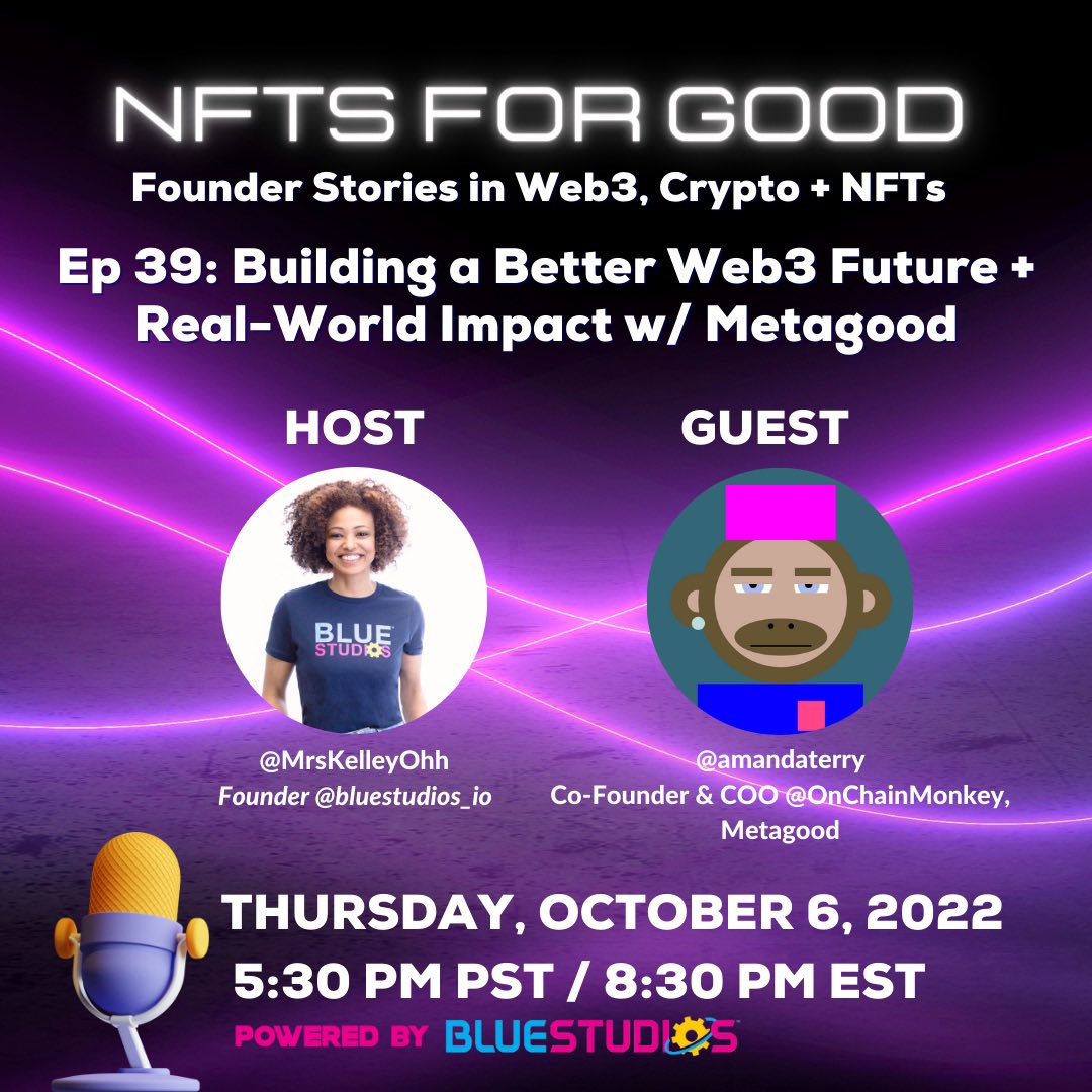 Web3 future + IRL impact!

🎁 Giveaway: (1) OCM RISE T-Shirt &amp; (1) OCM Snapback Cap!🍌

☑️ Follow • RT • Tag Friends
 
🎙 Join the chat &amp; AMA w/ <a href="/amandaterry/">Amanda Terry</a> cofounder &amp; COO of <a href="/OnChainMonkey/">OnChainMonkey®</a> <a href="/metagoodnft/">Metagood</a> on #NFTsForGood w/ <a href="/MrsKelleyOhh/">Kelley Cambry</a>! 

⏰ Tap in 👉 x.com/i/spaces/1rmxP….