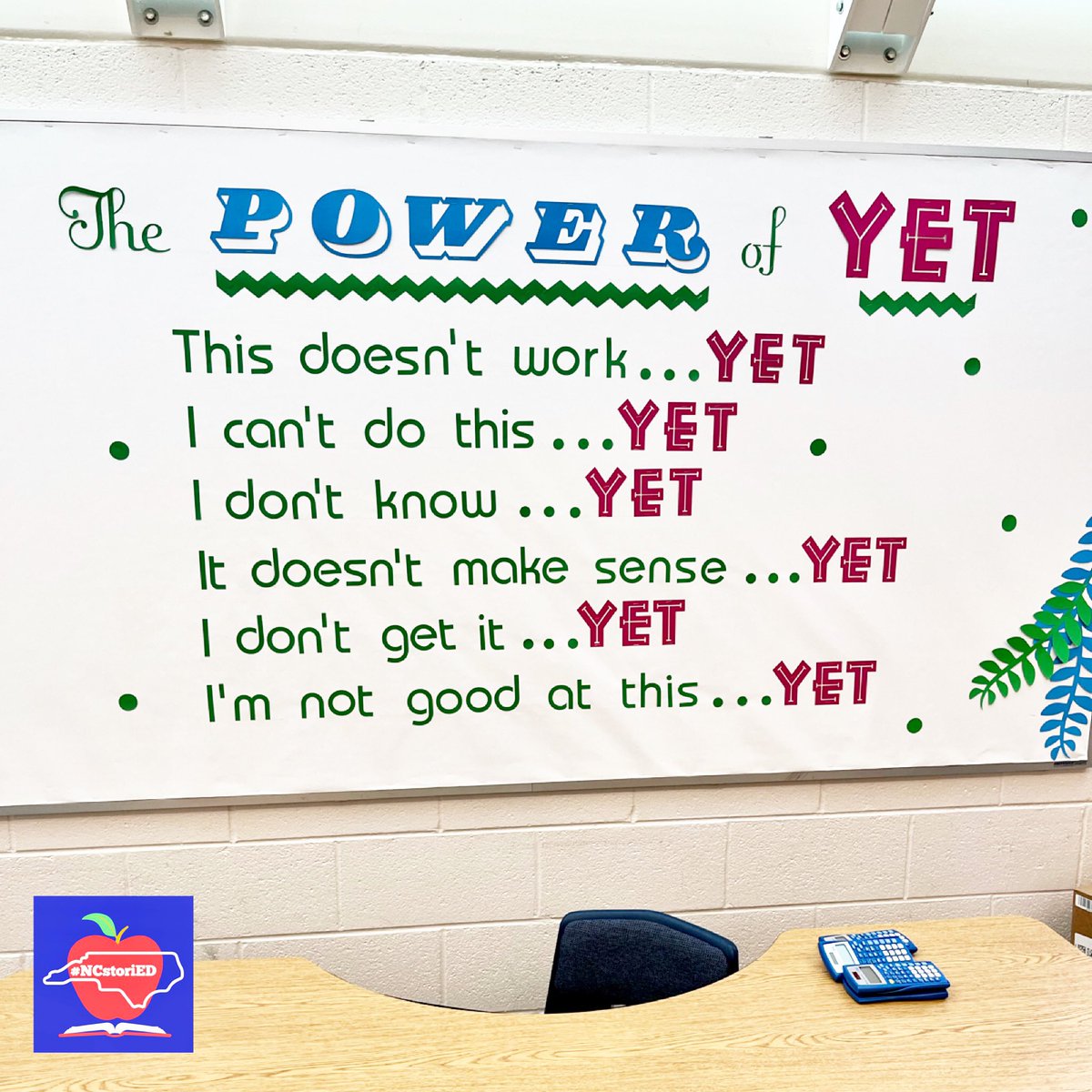 NCstoriED's tweet photo. Leah saw this in a middle school exceptional children’s classroom in @GCSchoolsNC   This message is so important for all students!  Learning is a process and there is nothing wrong with it taking time. ♥️ #teacher #bulletinboard #growthmindset https://t.co/otFyuV7Nks