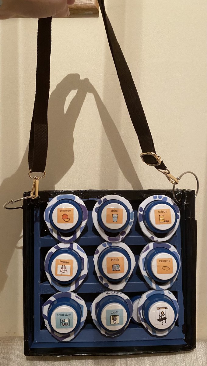 Raj1410's tweet photo. It may not look the nicest but what matters is about finding ways to give others a voice. A Sunday evening well spent making this portable talking button board to support one of my pickles with communication. #SEND #communication #inclusive #nonverbal #teacher #education #autism https://t.co/i7i9PqTMJP