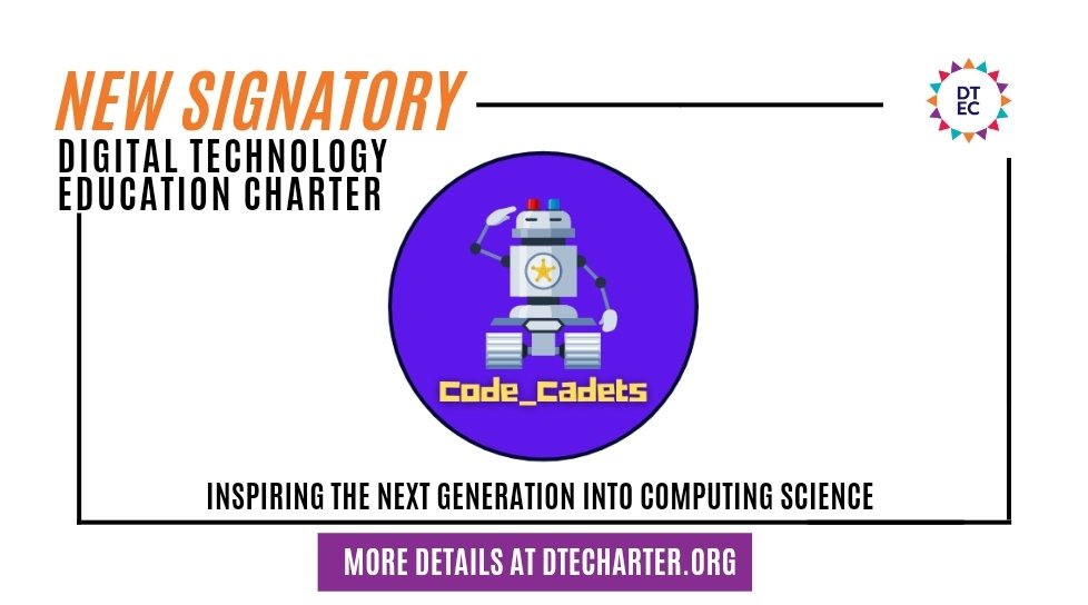DTECharter's tweet photo. We are so excited to to welcome @code_cadets as our latest #DTECSignatory.
The Digital Technology Education Charter is a national movement supporting Computing Science at schools in Scotland. Sign up at https://t.co/KUBHuzTxX1 https://t.co/D9PvzirGwM