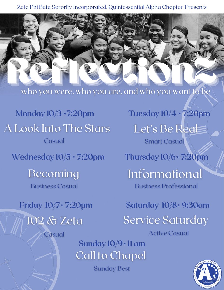 ZPhiBAlpha's tweet photo. Introducing Our Zeta Week: “ReflectionZ” where we will host a week of events that promote self growth, self awareness, and self reflection. We hope to see you there! 

💙🤍💙🤍

#zetaphibeta #hu23 #hu24 #hu25 #hu26 https://t.co/Zaaq9nY3Za