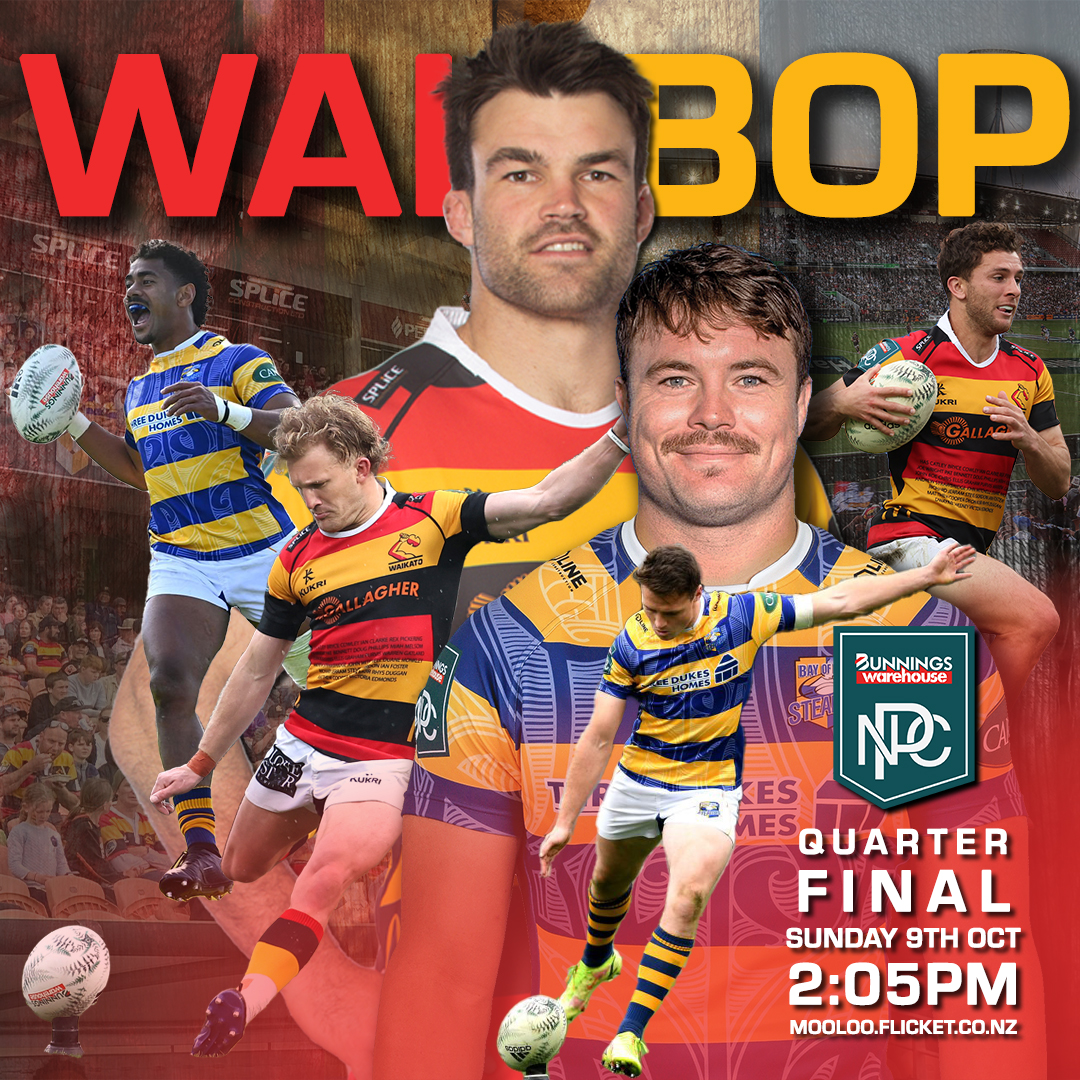 WaikatoRugby's tweet photo. ๐HOME QUARTER FINAL
From 2pm today you can grab your tickets for the home Quarter Final of the @BunningsNPC at FMG Stadium Waikato this Sunday (October 9) as we again host @BOPRugby Steamers, kick-off 2.05pm.๐ช๐๐ฎ
#WaikatoRugby #Mooloo101 #BunningsNPC #WAIvBOP https://t.co/fo9Ld2mkWY