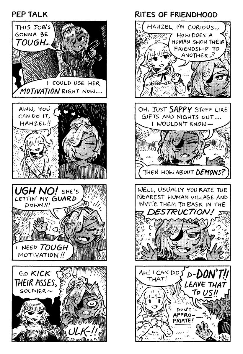 was commission'd to make some rowdy rom-komas about a demon-elf mercenary and her homunculus bff... >B) #FOX絵 