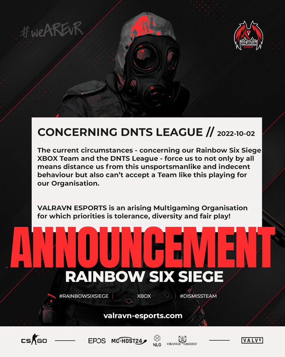 [#RainbowSixSiege]

Concerning DNTS League and our R6 XBOX Team

#weAREvR