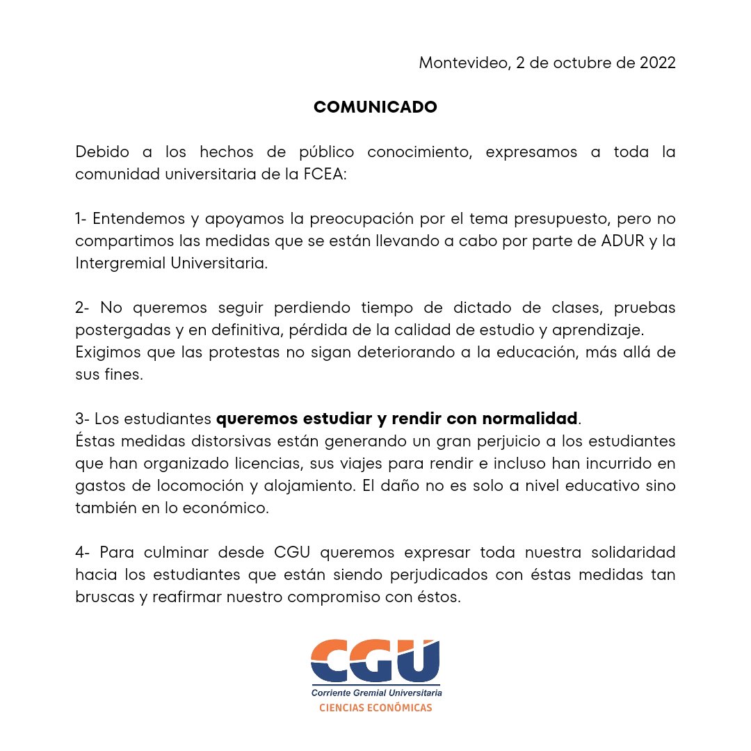 CgUeconomia's tweet photo. Comunicado desde CGU Economía ante los hechos de público conocimiento.

El día lunes en Consejo de Facultad se discutirá la situación y a partir de eso, compartiremos mayor información. https://t.co/EFOpcWrRUm