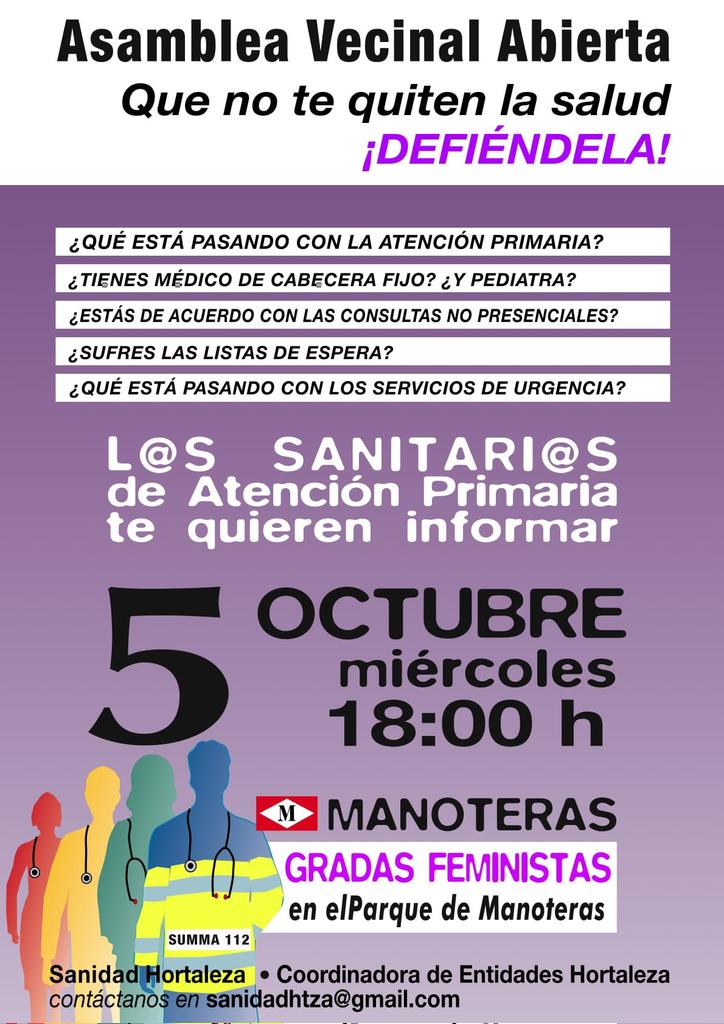 soci_manoteras's tweet photo. @IdiazAyuso y @eruizescudero son l@s responsables actualmente (como @ppmadrid desde hace 30 años) de que nuestra #SanidadPública esté desangrándose
Por ello os invitamos a la #AsambleaVecinalAbierta en #Manoteras
Organizan #SanidadHortaleza y @coordihortalez1
¡Os esperamos!

ℹ️👇🏾 https://t.co/WFPi40Uyp2