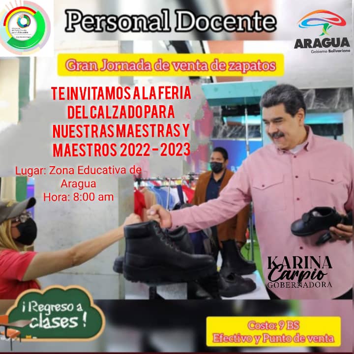 Este Lunes #03Oct Invitamos a todo el personal docente de las instituciones educativas del estado a la gran Feria para Maestros y Maestras 2022-2023 con la venta de zapatos a bajo costo. Gracias al Pte. <a href="/NicolasMaduro/">Nicolás Maduro</a> y la Min. <a href="/_LaAvanzadora/">Yelitze Santaella</a> #AraguaEsEducación <a href="/Soykarinacarpio/">Karina Carpio</a>
