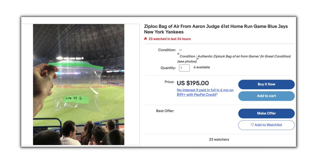 BasebaIlKing's tweet photo. Someone on eBay is selling a Ziploc bag of air from Aaron Judge’s 61st HR game in Toronto 😂 https://t.co/RM3MVobGbI