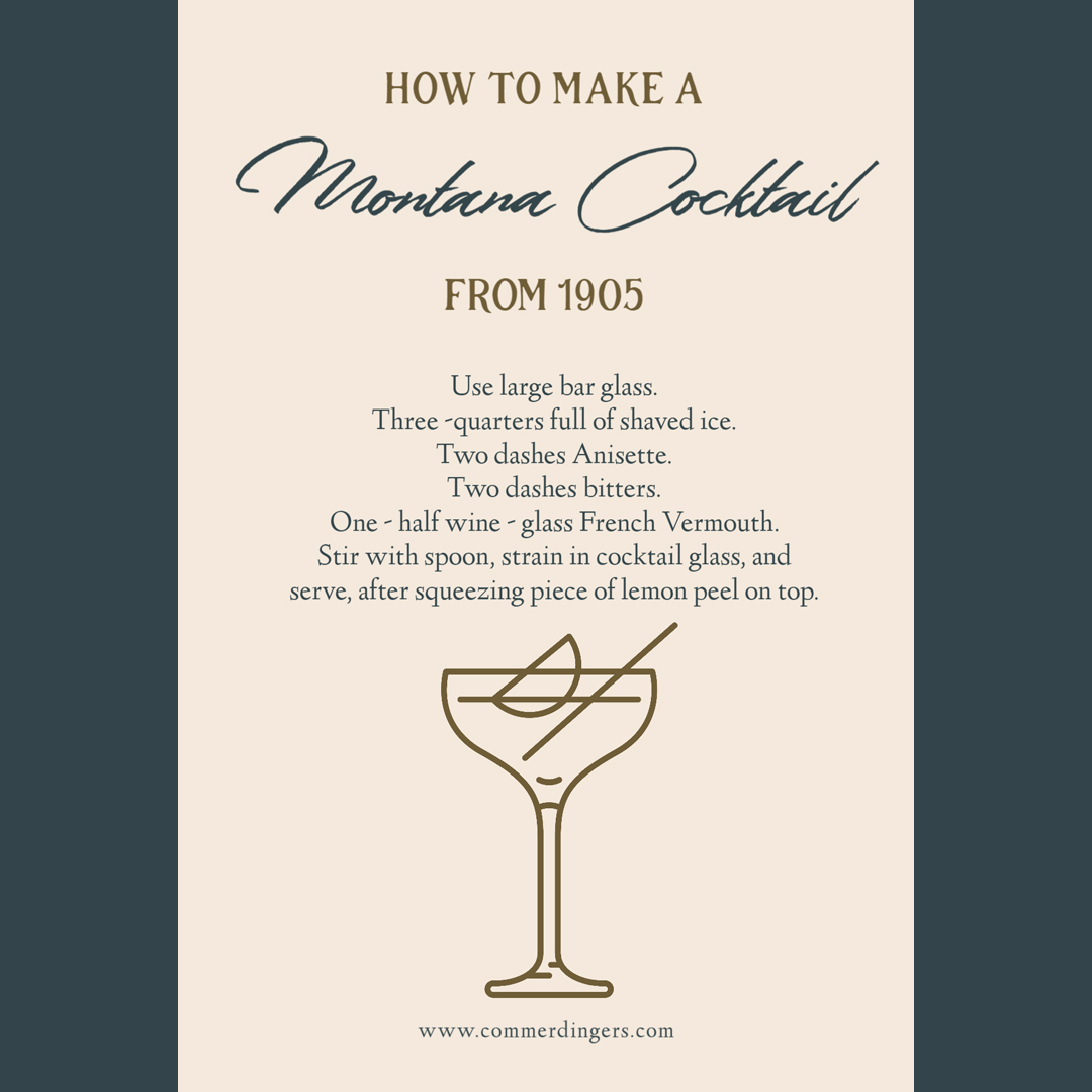 commerdingers's tweet photo. #MontanaCocktail

Use large bar glass. Three-quarters full of shaved ice. Two dashes #Anisette. Two dashes #bitters. One-half wine-glass #FrenchVermouth. Stir with spoon, strain in #cocktail glass, and serve, after squeezing piece of lemon peel on top.

https://t.co/3K0t3ZMHpP https://t.co/1T6bhMpVjf