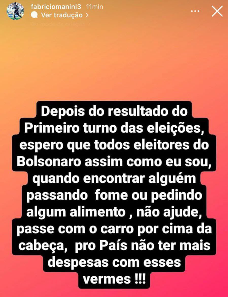 updatecultura's tweet photo. Eleitor do Bolsonaro, o jogador de futebol Fabrício Manini orienta bolsonaristas a passar com o carro por cima da cabeça de pessoas com fome. https://t.co/aXSbFWTS5V