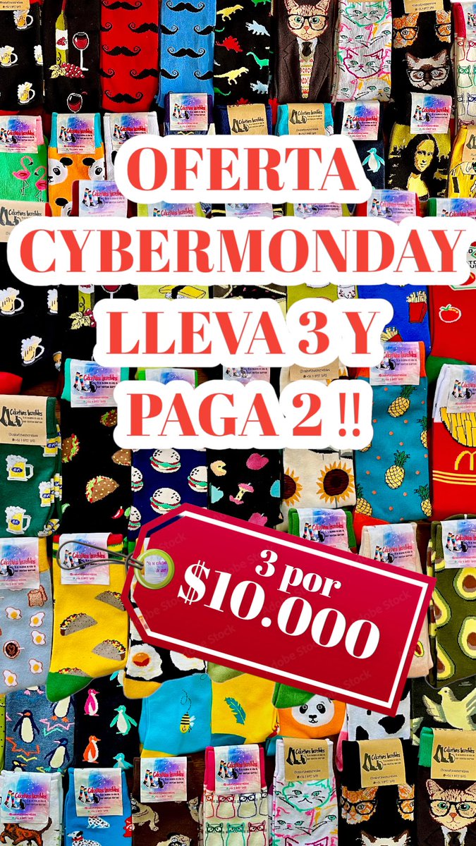 Calcetinesi's tweet photo. En @Calcetinesi nos sumamos como emprendimiento a este #CyberMonday2022 y tenemos esta oferta de 3 diseños a elección por $10.000.
Calcetines bonitos, de 80% algodón, fon diseños que no se deforman al usarse. https://t.co/Y8lMsQQZ4U