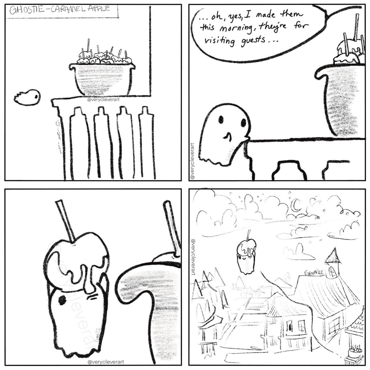 GinaFeiler's tweet photo. Ghostie and the Caramel Apple- is he a guest? Of course!
 The third panel is a vinyl sticker on Etsy:) #Halloween #cartoon #Artists https://t.co/K979sMw6Rs