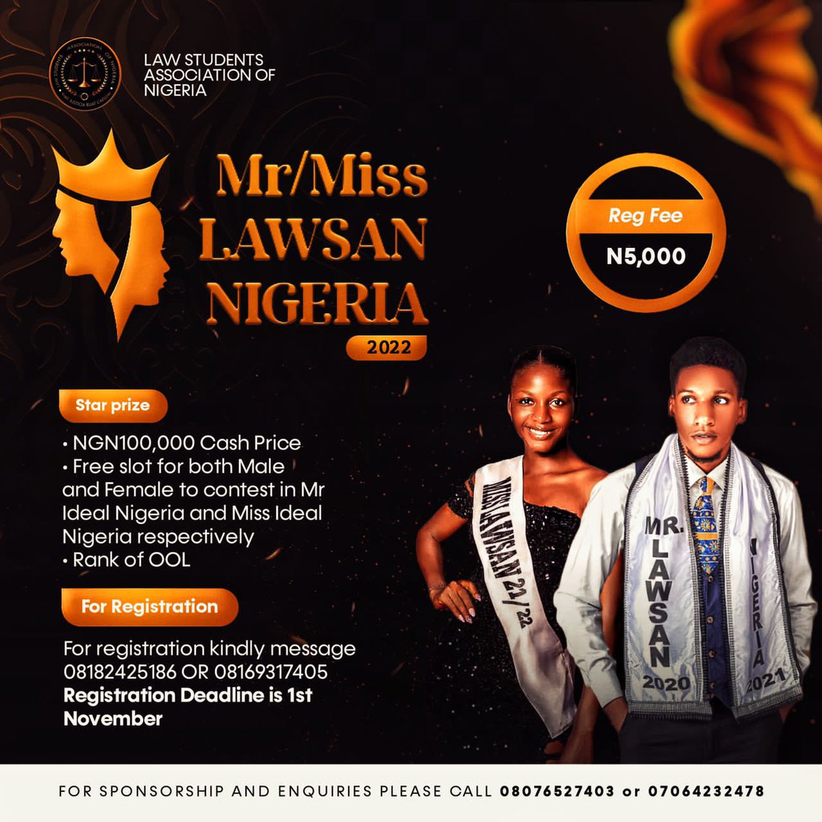 LawsanNational's tweet photo. For everything that has a beginning has an end.👑👑

Mr &amp; Miss LAWSAN NIGERIA Pageant 2022
WHO WEARS THE CROWN 

Registration for the National crown is on going..
This year's contests will begin with series of online games and Tasks where contestants will be opportune to win https://t.co/UcvxilBUV4