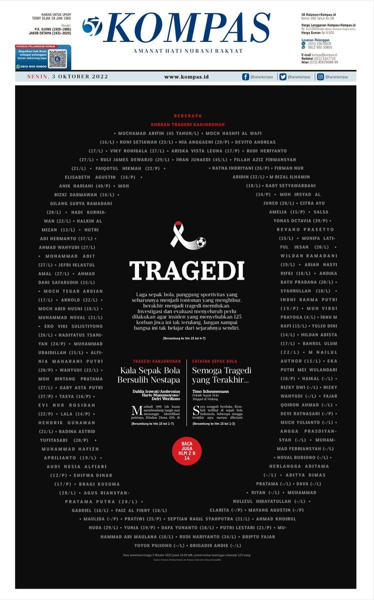 eldidito's tweet photo. Halaman satu @hariankompas menampilkan beberapa nama-nama korban meninggal dari Tragedi Kanjuruhan. Setiap nama punya cerita, hidup, keluarga yang ditinggalkan dan mimpi yang terenggut karena malam kelam di tanggal 1 Oktober. Mereka bukanlah angka. https://t.co/1ey1NbfJvj