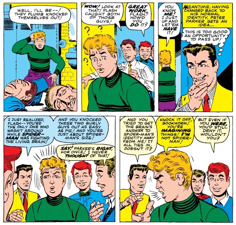 Cronicas_Marvel's tweet photo. Quiere la casualidad que acaben tropezando con un Flash que acaba de recuperar la consciencia y no se entera de nada.
Peter aprovecha la coyuntura para sembrar una duda entre sus compañeros: Flash ha estado ausente durante la pelea... ¿Acaso es Spiderman? #ASM8 https://t.co/7TqWwrCeWv