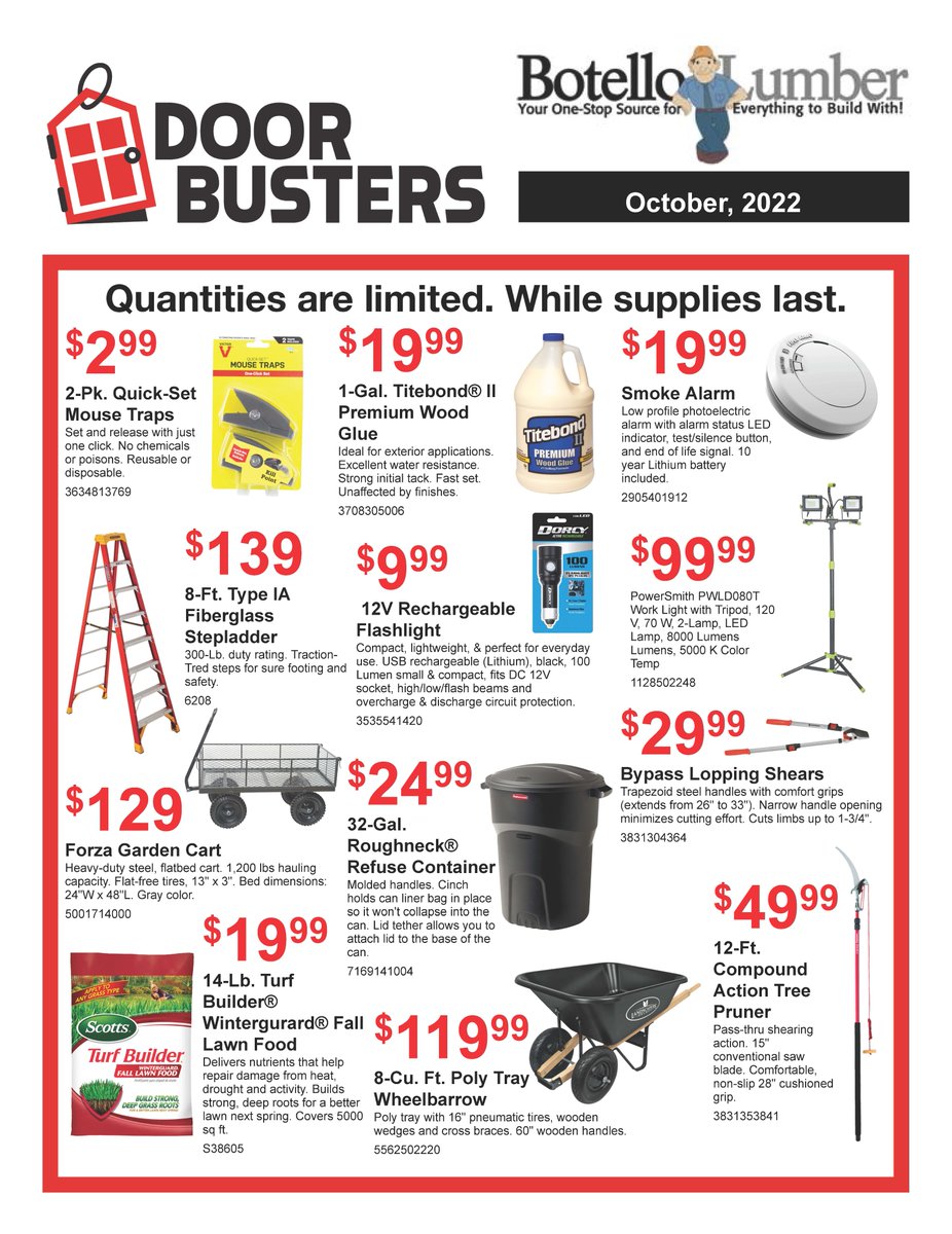 Botello Lumber October Door Busters..Come in to see how Botello's can help you get ready for season. #fallprep #hardware#homecenter