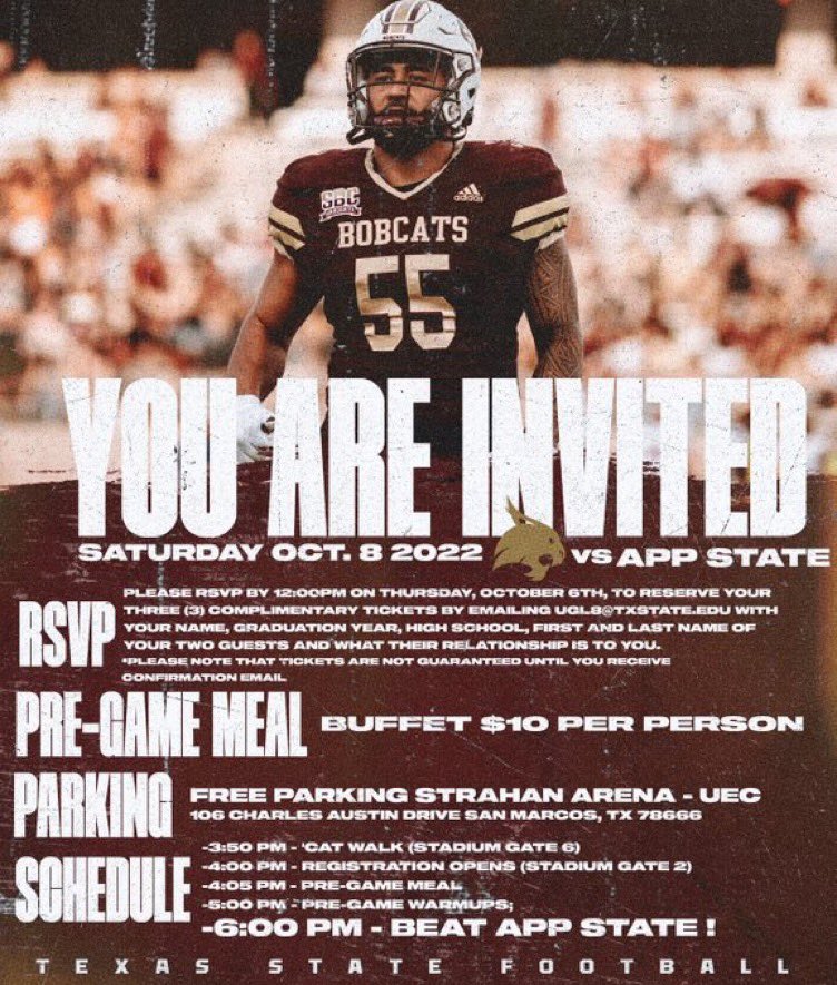 Thanks for the invite @TXSTRECRUITING @JamesSherman43 @Coach_BHamilton @CoachFlemTXST @coachcbuckner @CoachB_Abraham @TXSTCoachPD @JakeSpavital @Football_Steele @onimpact3 @DEFCONTX7v7