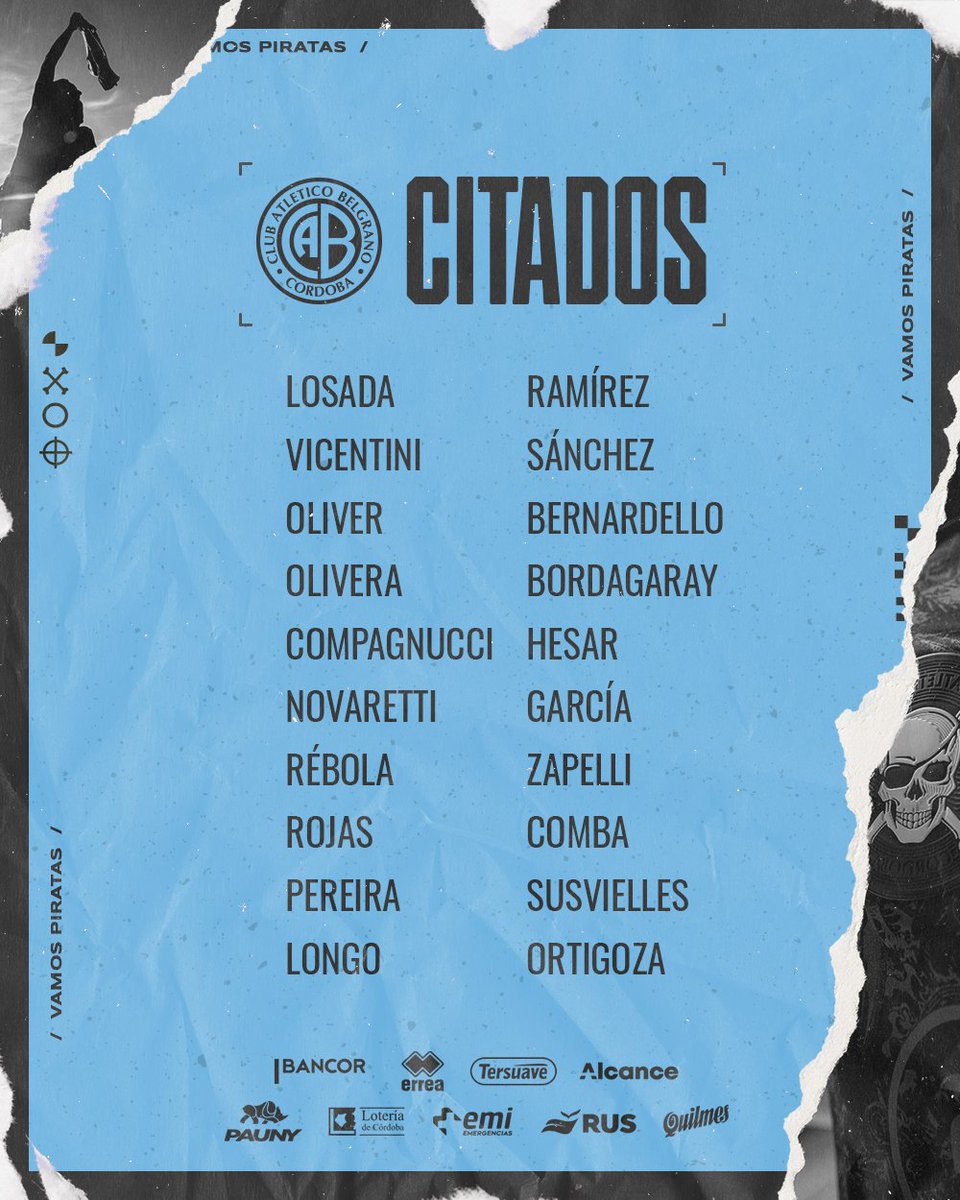 Belgrano's tweet photo. #CitadosBelgrano

📋 Estos son los jugadores citados por @guillefarre5 para enfrentar a @ChacaOficial por la fecha 3⃣6⃣ de la #PrimeraNacional.

#VamosPiratas 🏴‍☠️ https://t.co/ndKkLRSL66