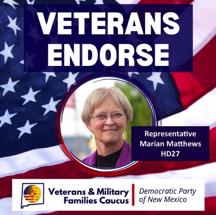 Hd27Marian's tweet photo. I am honored to announce the endorsement of the Veterans and Military Families Caucus of the Democratic Party of New Mexico. I will always respect and honor the sacrifice of our reservists, veterans, active duty military and their families! https://t.co/y4auSz9g5I