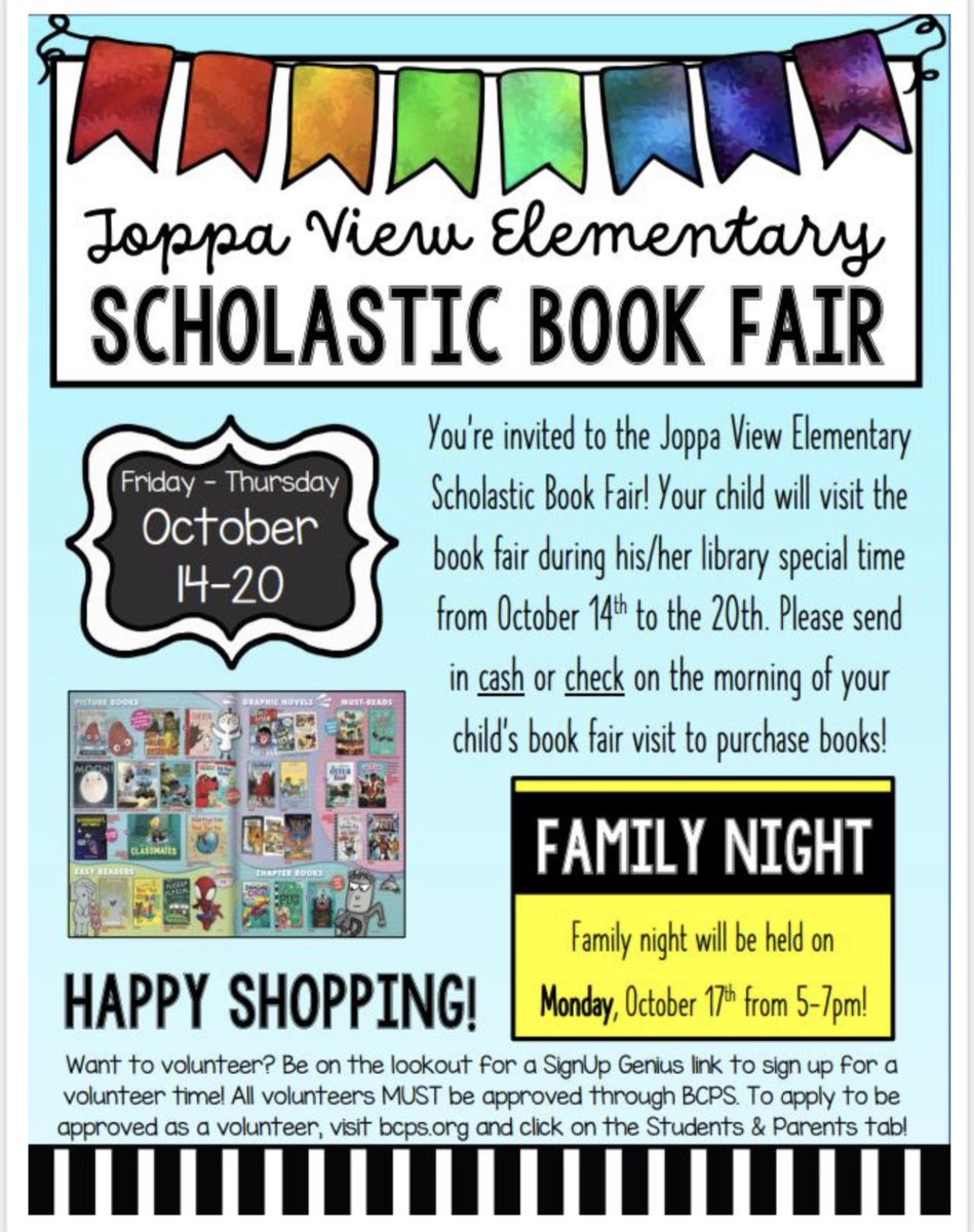 JoppaViewElem's tweet photo. JVE Families- it is almost that time! Our Scholastic Book Fair will be held October 14-20. See the flyer for additional details! We can't wait to see what new books our scholars choose! Parents, if you would like to volunteer please visit our Facebook page for the sign up link!📚 https://t.co/WQDrSPT0Z4