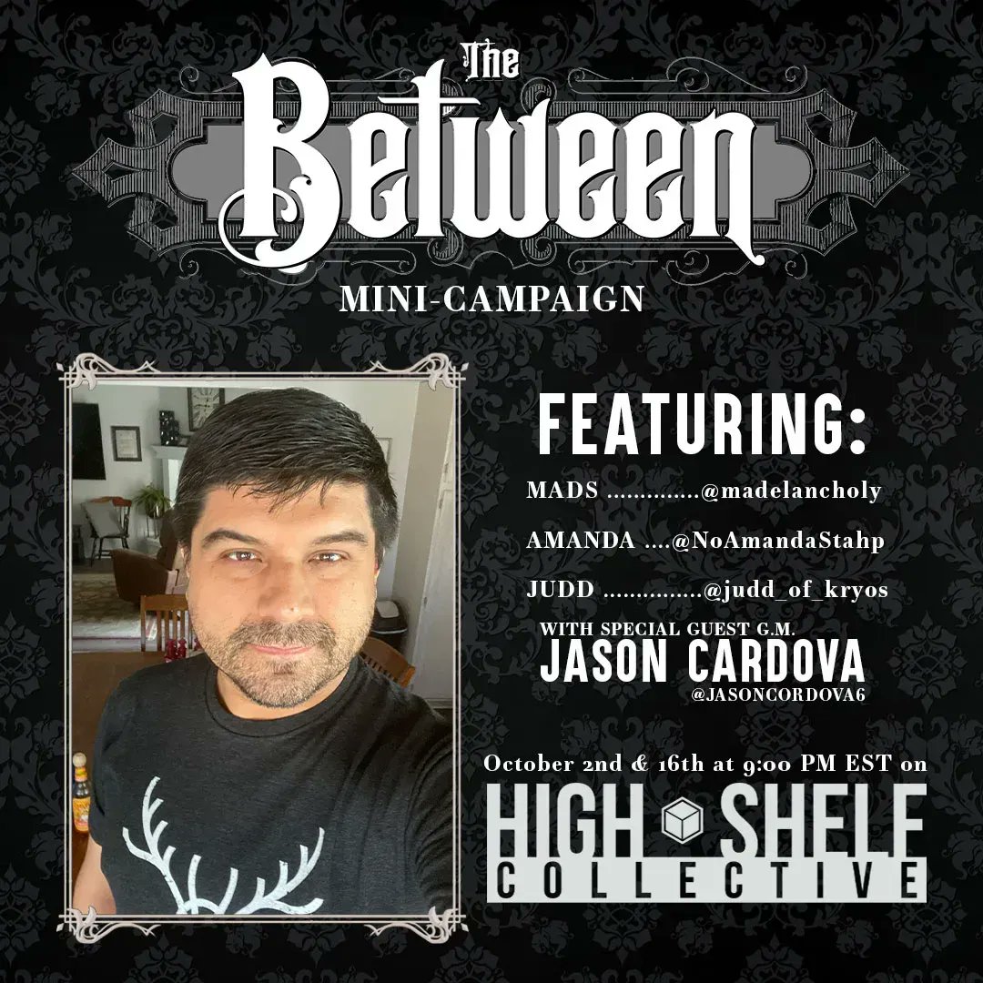 🚨 ONE HOUR till <a href="/jasoncordova6/">Jason Cordova</a> from <a href="/GauntletRPG/">The Gauntlet</a> leads <a href="/madelancholy/">Madelancholy ✨😊</a>, @NoAmandaStahp, &amp; @Judd_of_Kryos through Part 1 of our #TheBetween two-shot to kick off #SpookyMonth!

The monster hunters of Hargrave House are on the case! 👻

#Twitch: buff.ly/3c1Sgfu
#ttrpg #gaming