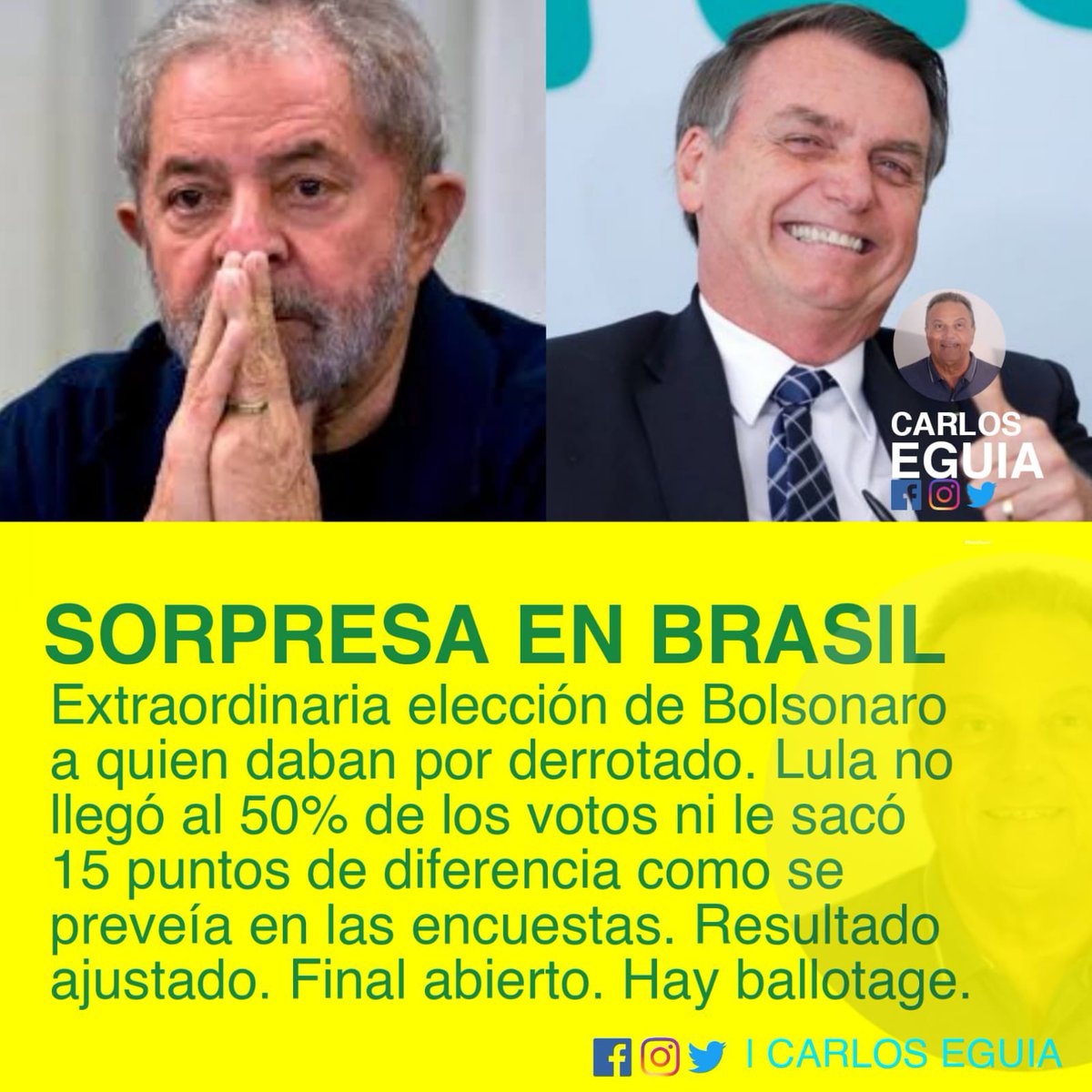 🟢🟡 #URGENTE | Sorpresa en Brasil. Extraordinaria elección de <a href="/jairbolsonaro/">Jair M. Bolsonaro</a>. Lula no llegó al 50% ni logró la diferencia que se preveía. Hay ballotage. Final abierto. Desconcierto absoluto entre la militancia de Lula en Brasil y del kirchnerismo en Argentina. ¡VAMOS! 🇦🇷🇧🇷