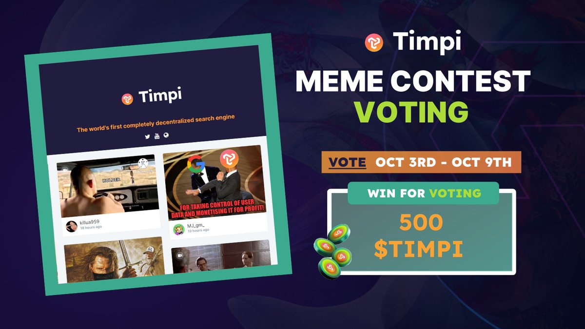 Timpi_TheNewWay's tweet photo. 🌟The Submissions for the #timpimeme contest are now CLOSED

But the FUN is ONLY about to begin! It will be up to YOU to chose the best meme

AND

🔥 We are offering 500 $TIMPI to 1 LUCKY voter (selected randomly) 🔥

VOTE by OCT 9TH 23:59 UTC HERE  👇

https://t.co/Qp1Mv3M8ND https://t.co/nEOrkkfrhU