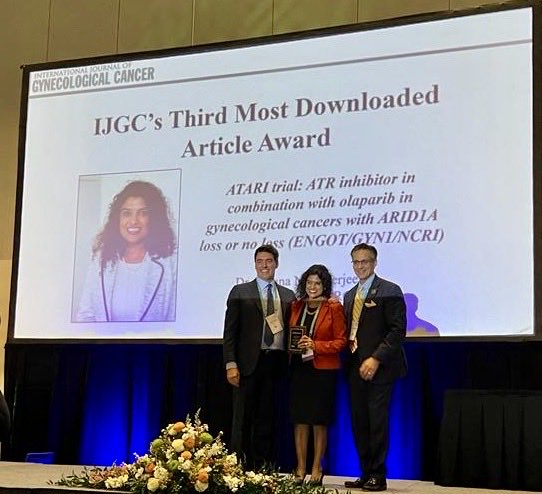 An honour to receive ⁦@IJGConline⁩ Award for the ATARI trial in clear cell and other rare Gynae cancers #IGCS2022. Thank you all research teams and patients- working together delivering novel trials. ⁦@ICR_CTSU⁩ ⁦⁦@royalmarsdenNHS⁩