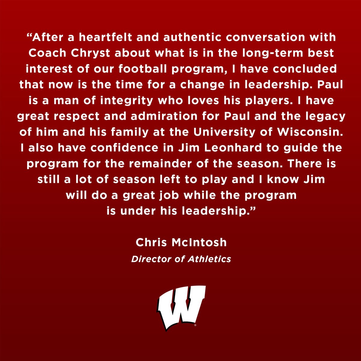 Statement from University of Wisconsin Director of Athletics Chris McIntosh 📝 go.wisc.edu/l71d6k