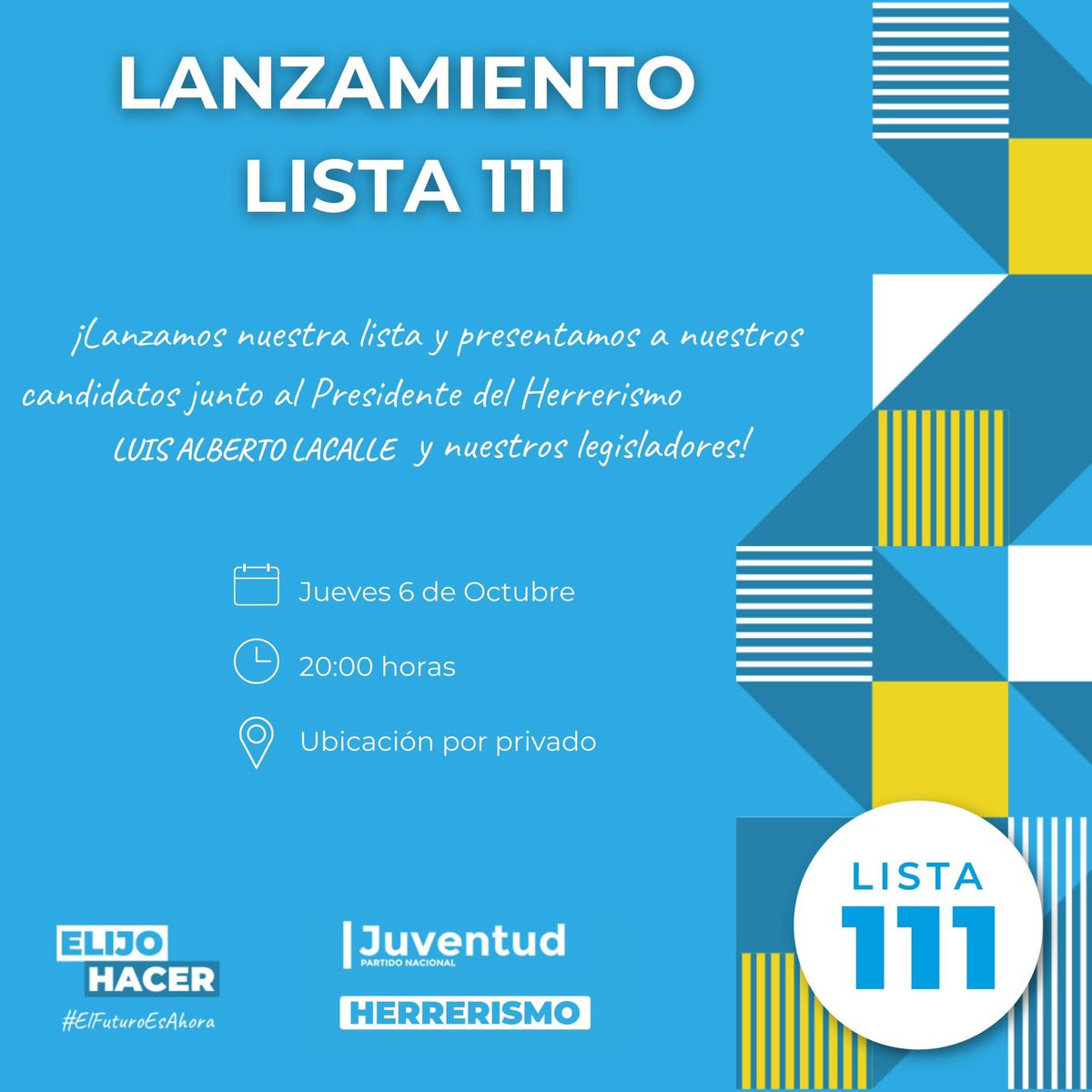 jovenes111's tweet photo. Este jueves 6 de Octubre lanzamos nuestra lista de cara a las elecciones de jóvenes, donde presentaremos a nuestros candidatos y nos acompaña el Presidente del Herrerismo Luis Alberto Lacalle y nuestros legisladores!
⚪️🔵 https://t.co/M1JHqRHb0S
