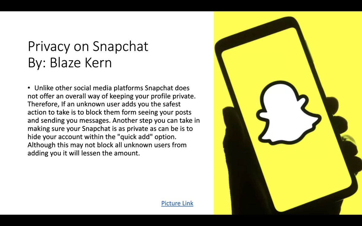 BlazeKern's tweet photo. Here is a look at my social media safety tip for this week. I decided to particularly look into snap chat and account privacy. #WT22fall https://t.co/4kZq6UCDD5