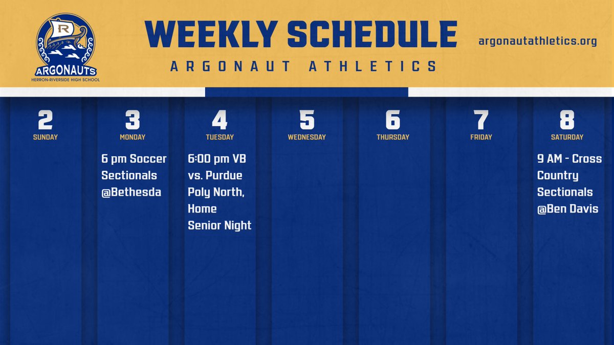 Herron-Riverside Athletics (@rhsargonauts) on Twitter photo Argonaut Athletics Schedule for Oct 3-8. Sectionals for Soccer and Cross Country #GoArgonauts
<a href="/RiversideHSIndy/">Herron-Riverside High School</a> Argonaut Athletics Schedule for Oct 3-8. Sectionals for Soccer and Cross Country #GoArgonauts
<a href="/RiversideHSIndy/">Herron-Riverside High School</a>