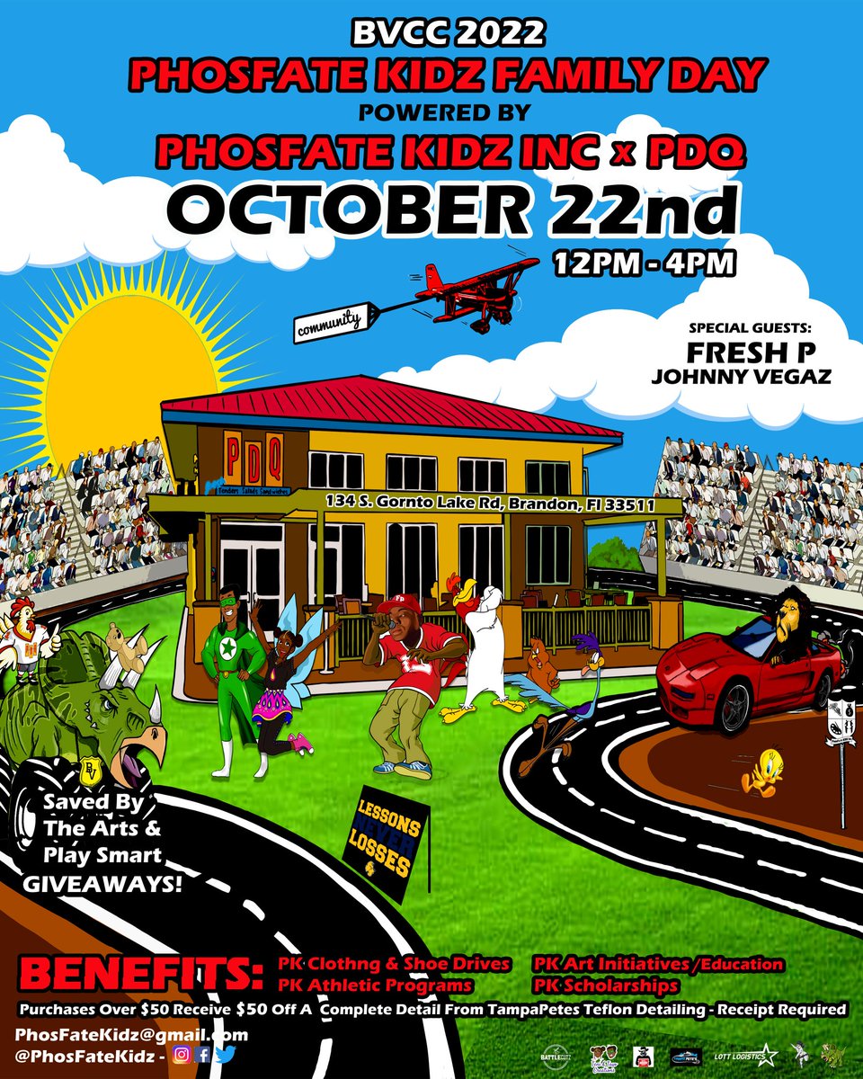 PhosFateKidz's tweet photo. PhosFate Kidz Family Day... October 22, 2022...12pm - 5pm... @PDQFreshFood - (Brandon, FL) || https://t.co/ddpE0cpx0O || #LessonsNeverLosses
https://t.co/B16Jvk7LFh
...
@CoastalSportsFL @CityofTampa @HillsboroughFL @abcactionnews @BN9traffic @PhosFateVET @Rellstradamus https://t.co/PWl00HNZrA