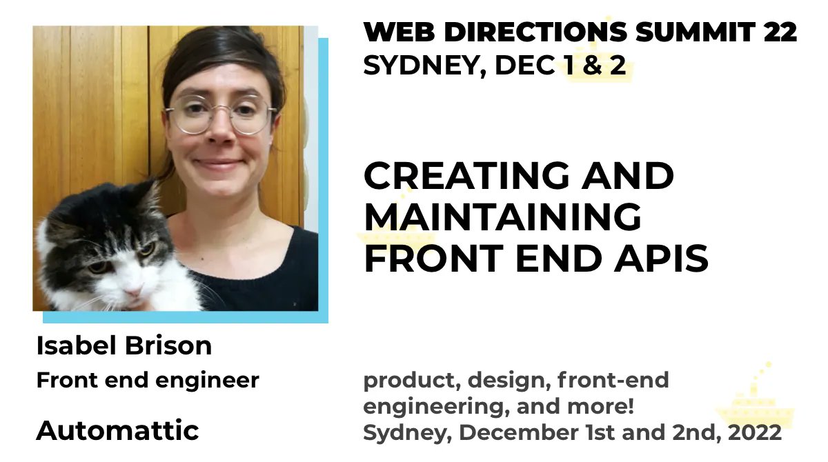 Web Directions (@webdirections) on Twitter photo What are the benefits (and potential costs) of front end APIs and how best can you go about building them? @auttomatic's <a href="/ijayessbe/">isabel brison</a> explores at our Summit in Sydney in December
buff.ly/3TzNBmy What are the benefits (and potential costs) of front end APIs and how best can you go about building them? @auttomatic's <a href="/ijayessbe/">isabel brison</a> explores at our Summit in Sydney in December
buff.ly/3TzNBmy