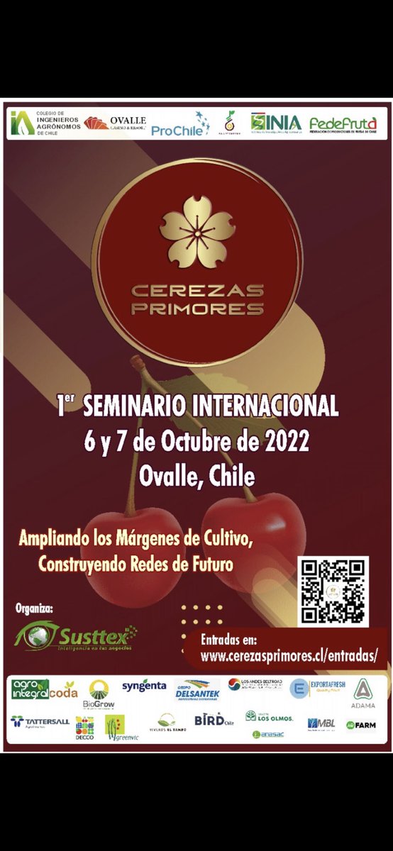 Esta semana por primera vez en Ovalle, se realizará el 1er Seminario Internacional de Cerezas Primores 2022 

cerezasprimores.cl

#cerezasprimores #cherries #ovalle <a href="/Susttex_Ltda/">Susttex</a> <a href="/redagricola/">Revista Redagrícola</a> <a href="/SmartCherry_cl/">SmartCherry</a> <a href="/ProChile/">ProChile</a> <a href="/iniachile/">INIA Chile</a> <a href="/Fedefruta/">Fedefruta</a>