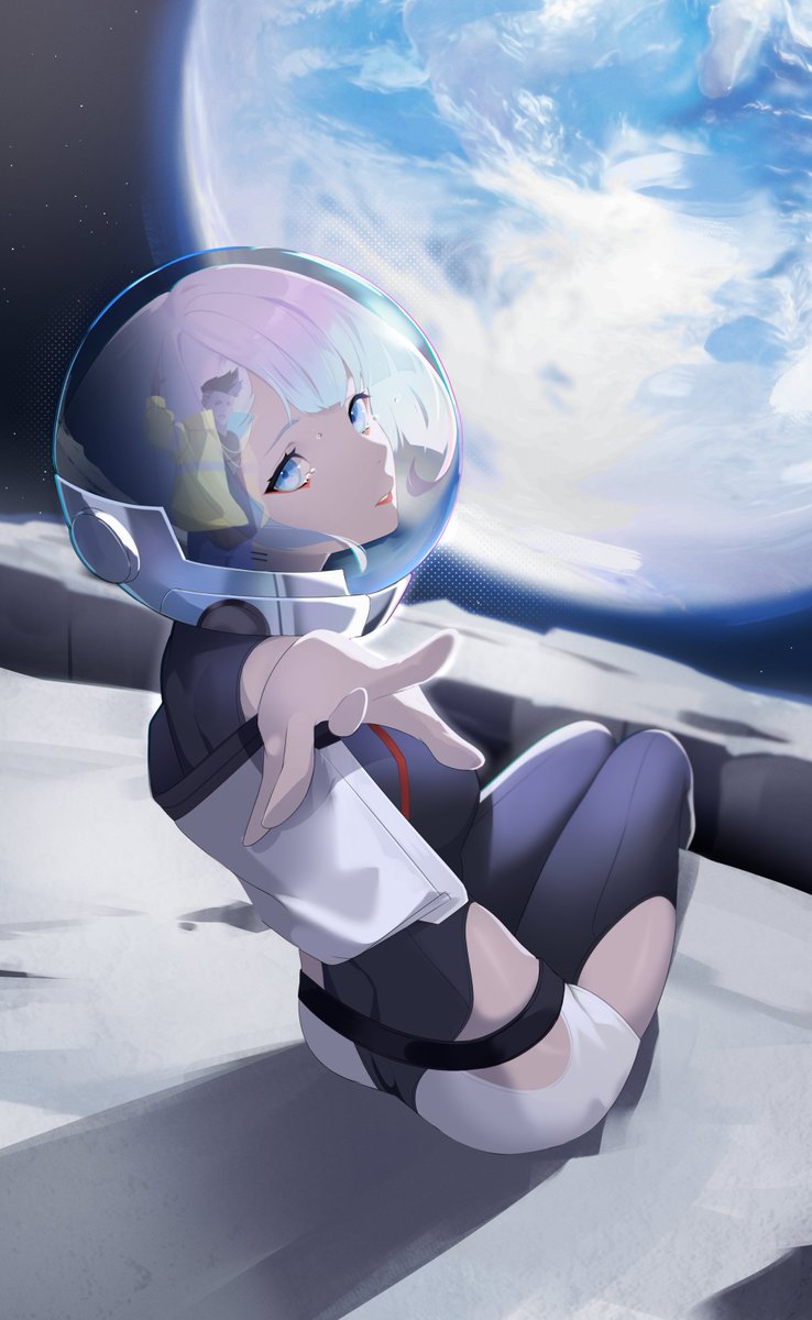lucy (cyberpunk) 1girl solo earth (planet) planet looking at viewer space sitting  illustration images