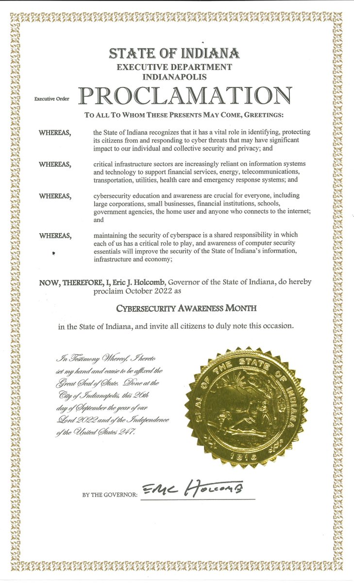 indianacyberhub's tweet photo. It’s a #Cyber Celebration! Indiana @GovHolcomb proclaims October is #CybersecurityAwarenessMonth. For the latest #cybersecurity #bestpractices, #resources and #tips, visit the #IndianaCyberHub at: https://t.co/AIIQXFRYVt https://t.co/znAbyEp6rl