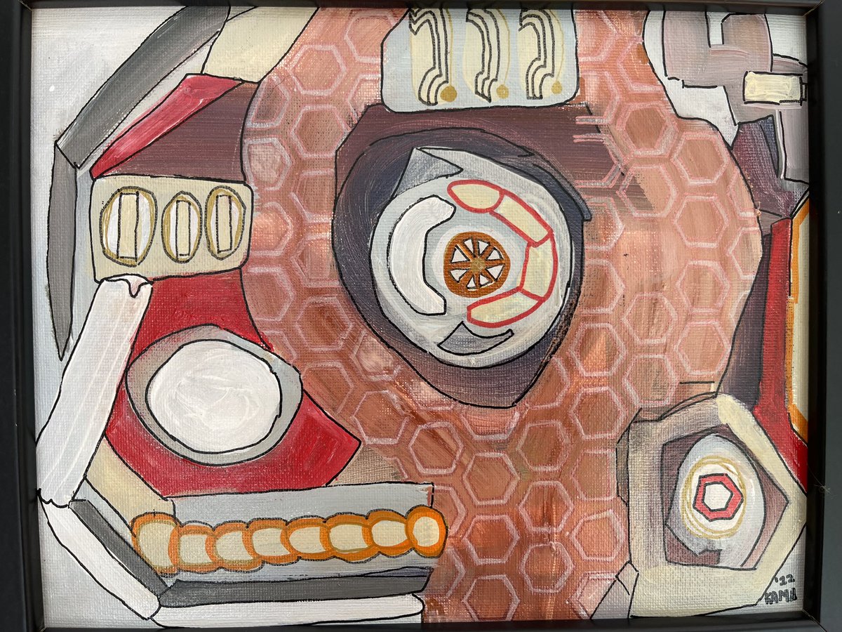 Here’s one of my mini-s.  Part beehive and/or patella and the knee.  What do you think? #honeycomb #kneesurggeon #abstractart #abstractartist #bees #emergingartists