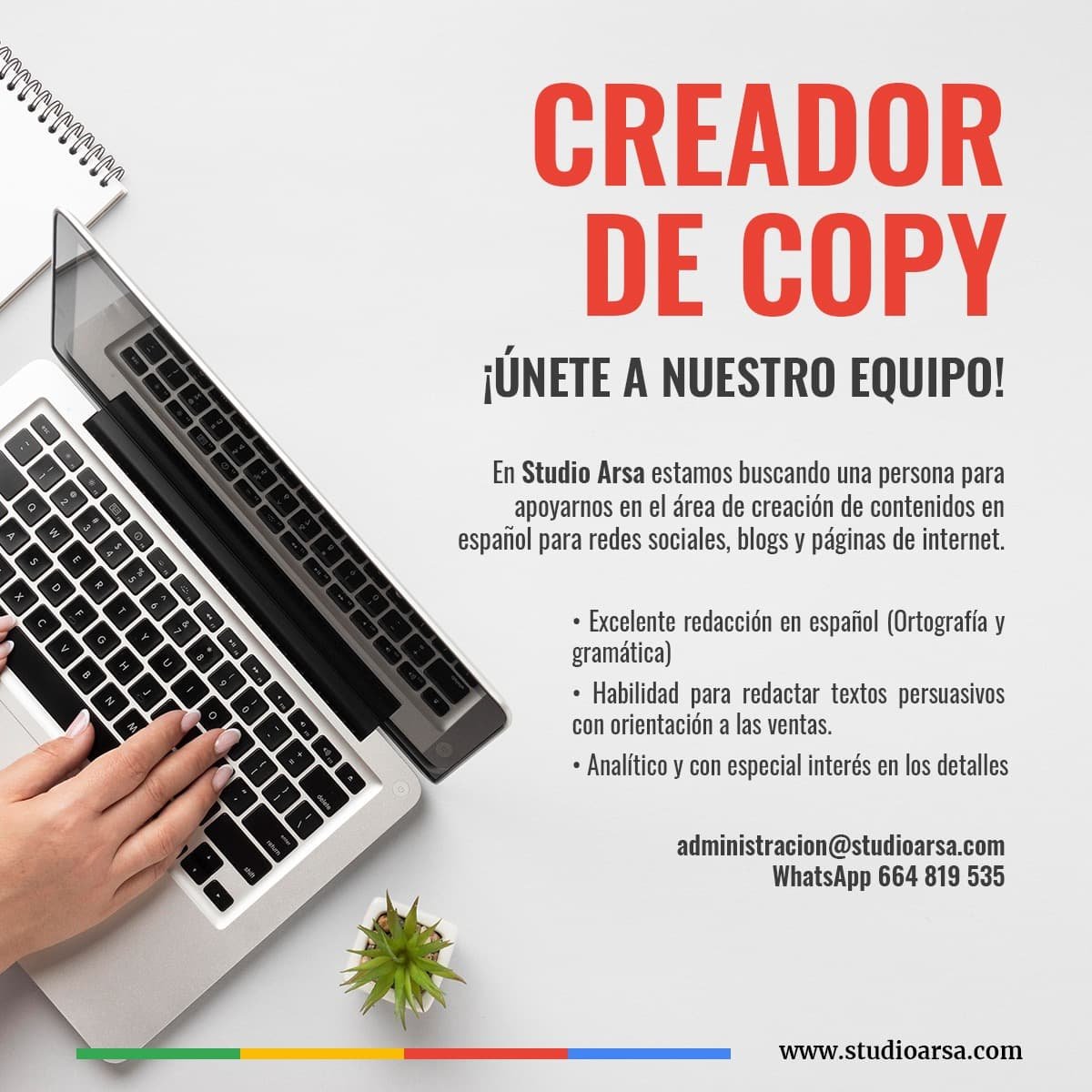 studioarsa's tweet photo. ¡Únete a nuestro equipo!
Buscamos tu talento en la creación para contenidos como redes sociales, blogs y paginas de internet.
Freelance o #trabajo en línea.
Envíanos tu currículum a administracion@studioarsa.com
o escríbenos al Whatsapp 664 1053993
#talento #copywriter #freelance https://t.co/sZV9xVbjSZ