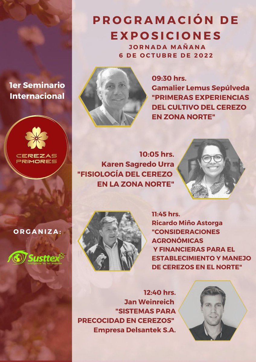 #cerezasprimores 

Programa 1er Seminario Internacional de Cerezas Primores

Día 1.  Jornada AM

cerezasprimores.cl

<a href="/iniachile/">INIA Chile</a> <a href="/agronomiauchile/">Agronomía UChile</a> #delsantek #ricardomiño <a href="/Susttex_Ltda/">Susttex</a> <a href="/redagricola/">Revista Redagrícola</a> <a href="/SmartCherry_cl/">SmartCherry</a>