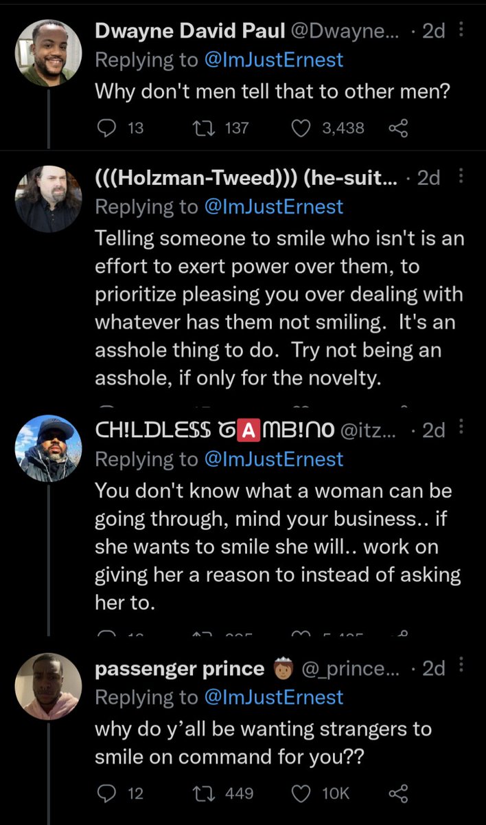 ask_aubry's tweet photo. The proverbial question: Women are so negative. What's wrong with suggesting that you smile? 

And some men stepping up https://t.co/1pZK67sE5X