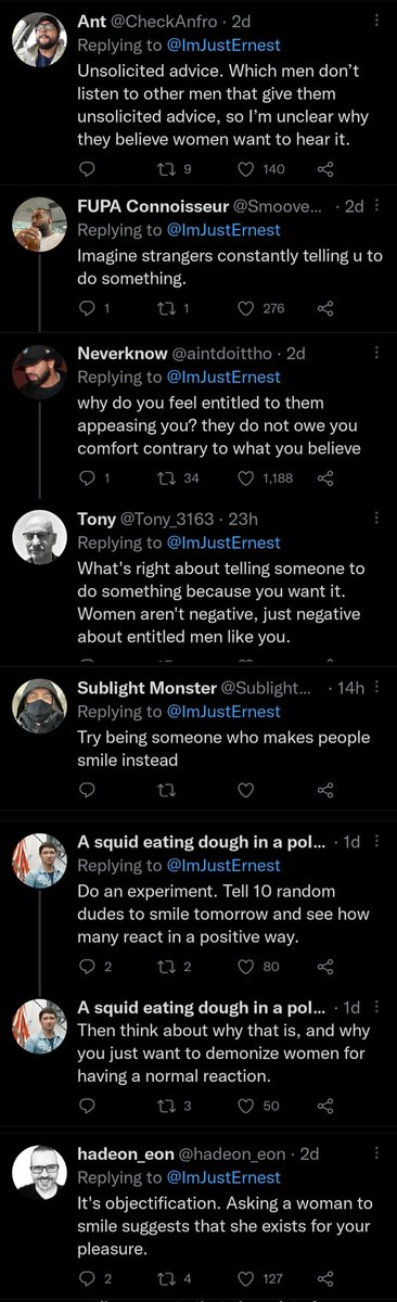 The proverbial question: Women are so negative. What's wrong with suggesting that you smile? 

And some men stepping up