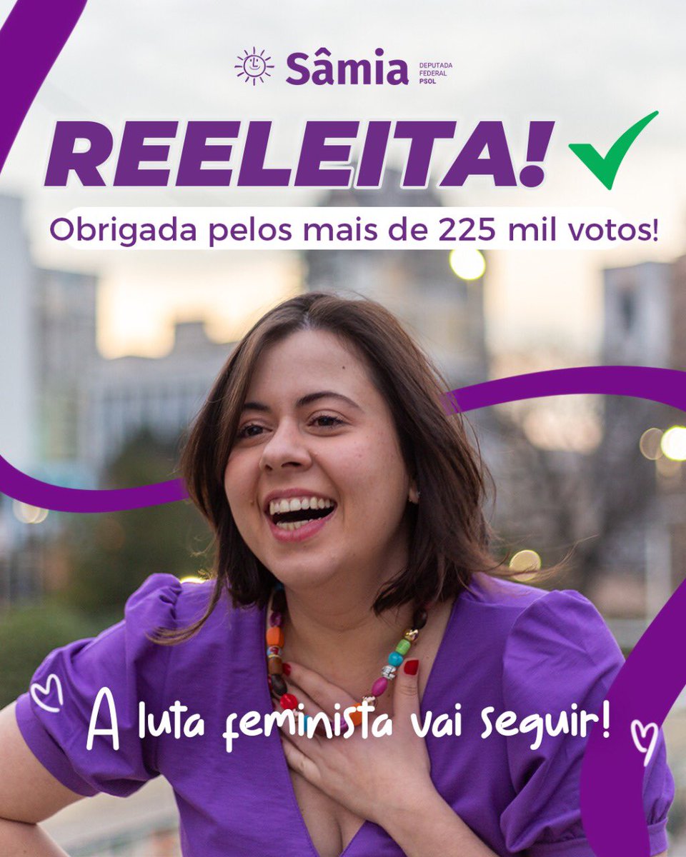 samiabomfim's tweet photo. Muito obrigada! A você que acreditou, a você que construiu, a você que votou. Nossa coragem é uma força coletiva! A luta das mulheres vai seguir ecoando no Congresso Nacional com muita garra! Estou muito feliz e emocionada! Seguimos juntos, contem comigo! 💜 https://t.co/T1RfFMKK0D