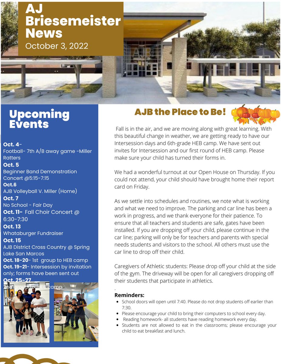 AJBriesemeister's tweet photo. AJB Weekly News- October 3rd -6th
@SeguinISD #WeAreSeguin #AJBThePlaceToBe https://t.co/eAtEIPgqQD