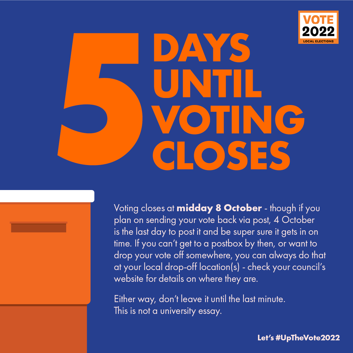 votelocal2022's tweet photo. The countdown is on! With only five days left until voting closes, it's time to make sure your vote gets in and your voice is heard. Let's #UpTheVote2022 https://t.co/nY9MEdbjwi